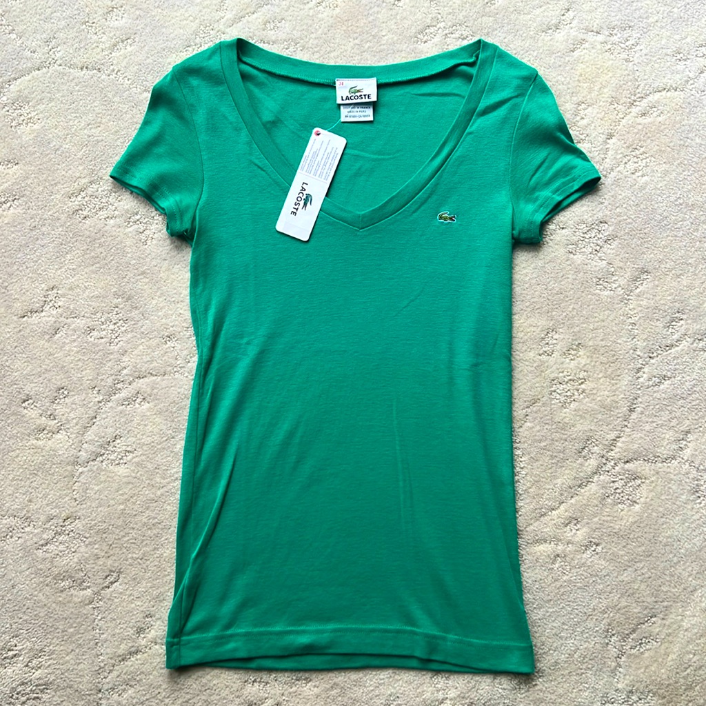 Nwt Lacoste Vneck Green Tee W/Alligator Logo, Size 34